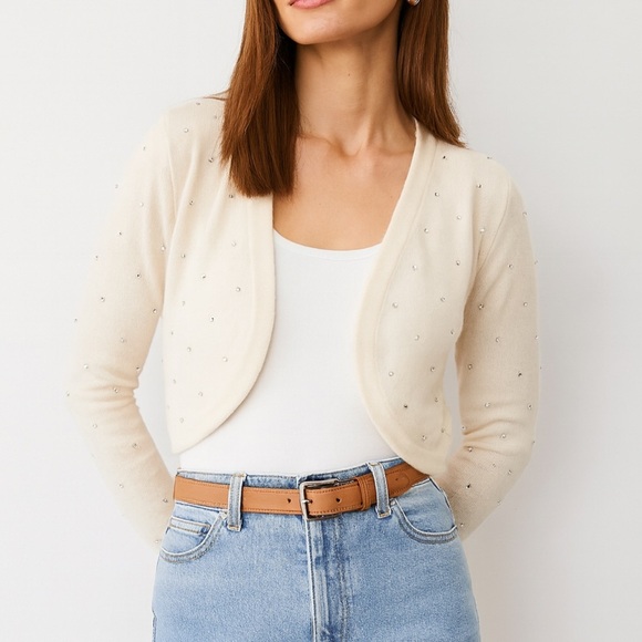 NWT Ann Taylor Cashmere Open Cardigan Shrug Rhinestones Cream $228. Size S - Picture 1 of 8